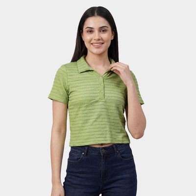 Women's Light Green Polo Neck Preppy T-Shirt